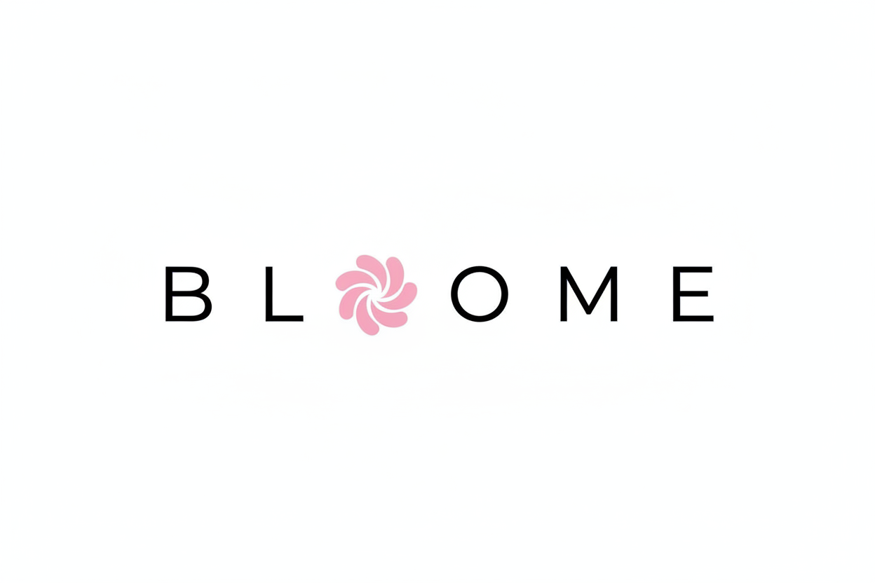 Written B L O O M E and the middle one like a flower #E5B0E7 with black color and the middle one pink color 